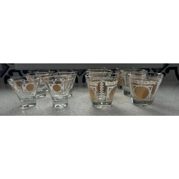 Vtg Midcentury MCM Aztec Gold Medallion Hazelware 12 Piece Glasses & Shot Glass - Picture 1 of 4